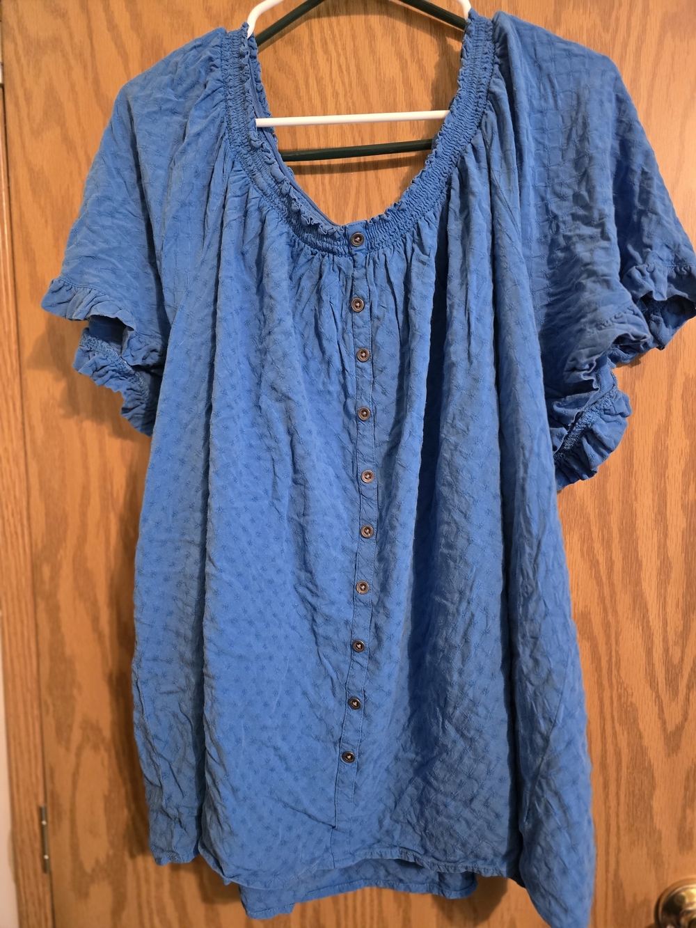 Terra & Sky Royal Blue Button-Front Peasant Blouse